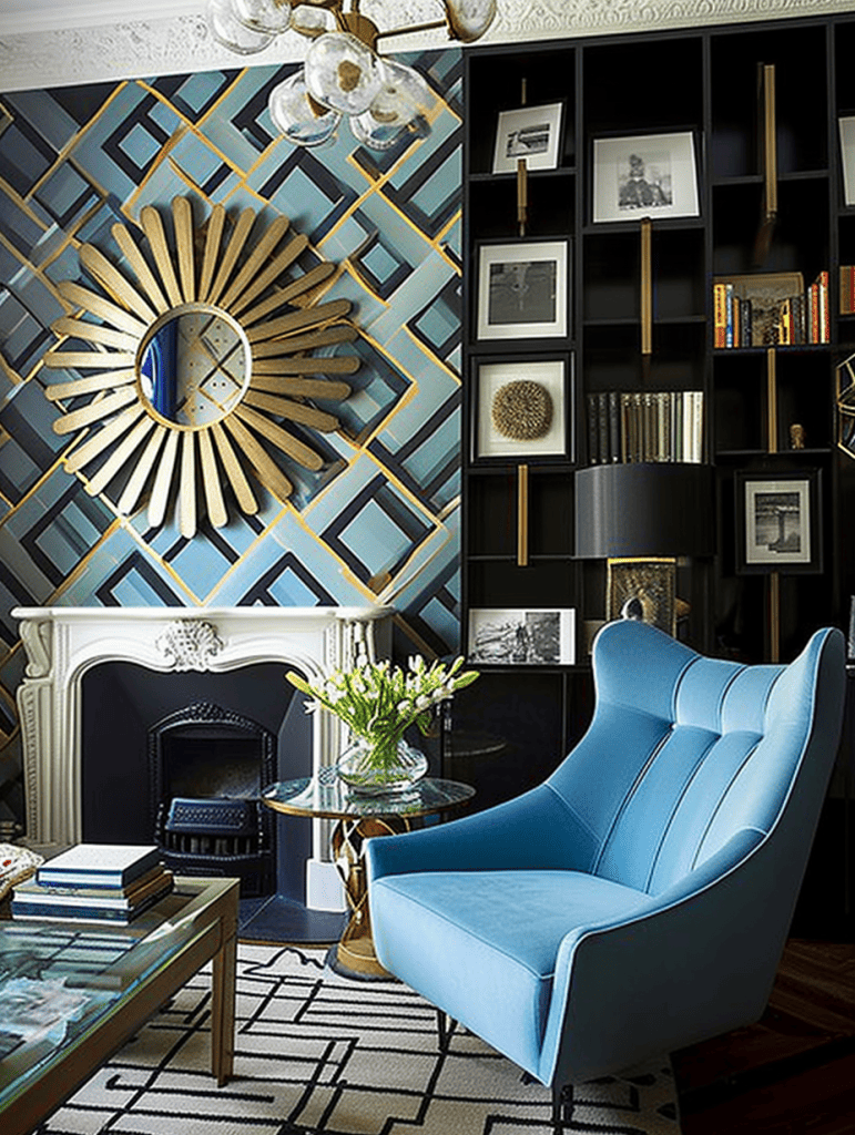 An elegant room features a starburst mirror with golden rays and a central circular blue clock, set against a geometric-patterned wallpaper in shades of blue, gold, and black, complemented by a sleek blue wingback chair, a clear glass coffee table with books, and a sophisticated black shelving unit displaying framed photos and decorative items ar 3:4