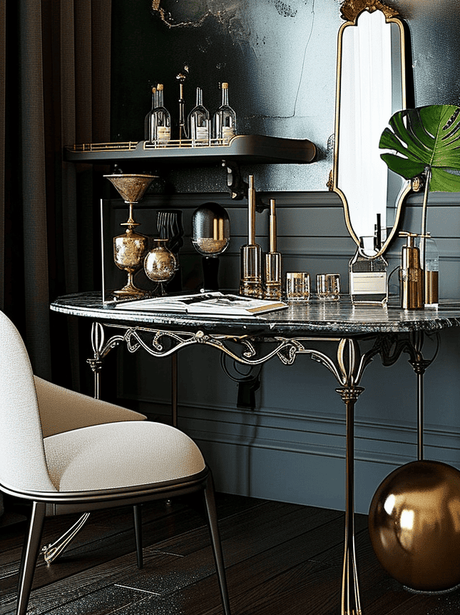 An intricately designed console table is elegantly styled with an array of sophisticated decor, including a variety of candles, a small gold globe, bottles of spirits, and a tall mirror, all under the soft light of a unique modern chandelier with globe shades, in a room with richly paneled walls ar 3:4