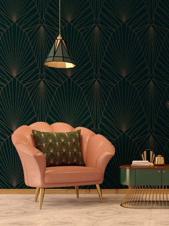 Art Deco interior in classic style with pink armchair and pillows Pink vase on table Dark green wall with ceiling lamp ar 3:4