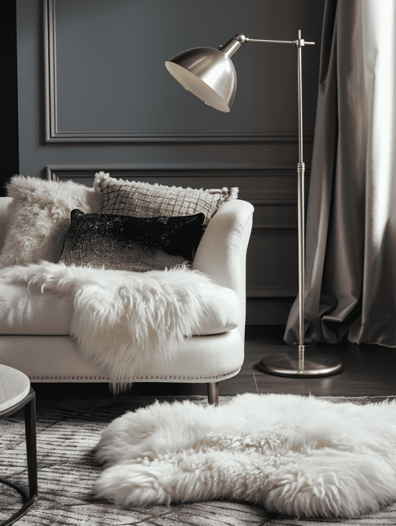 Cozy nook exudes a sense of comfort with a plush armchair draped with a white faux fur throw, complemented by a soft faux fur rug on the floor, all illuminated by the warm glow of a brass floor lamp, set against the backdrop of a classic paneled wall in dark gray and a draped window ar 3:4