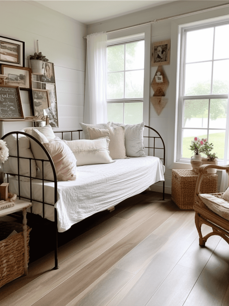 In a bright room with shiplap walls, two large windows allow in ample light, highlighting a metal daybed with white bedding and fluffy pillows; a wooden chair, wicker baskets, and rustic side tables add functional charm, while decoratively hung pictures and plants create a homely atmosphere ar 3:4