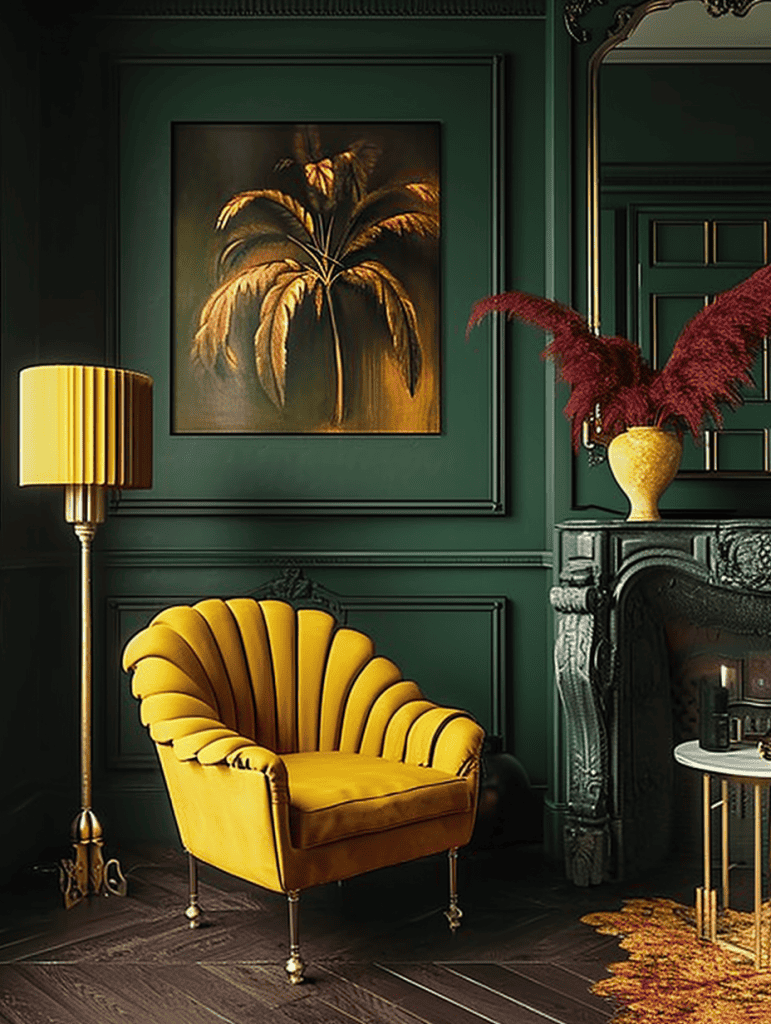 Opulent room with dark green walls, a luxurious, scalloped-back armchair in rich yellow velvet sits prominently, beside a classic floor lamp with a yellow shade and a small, elegant side table; the space is completed by an ornate black fireplace and a large painting of palm leaves, creating an atmosphere of vintage sophistication ar 3:4