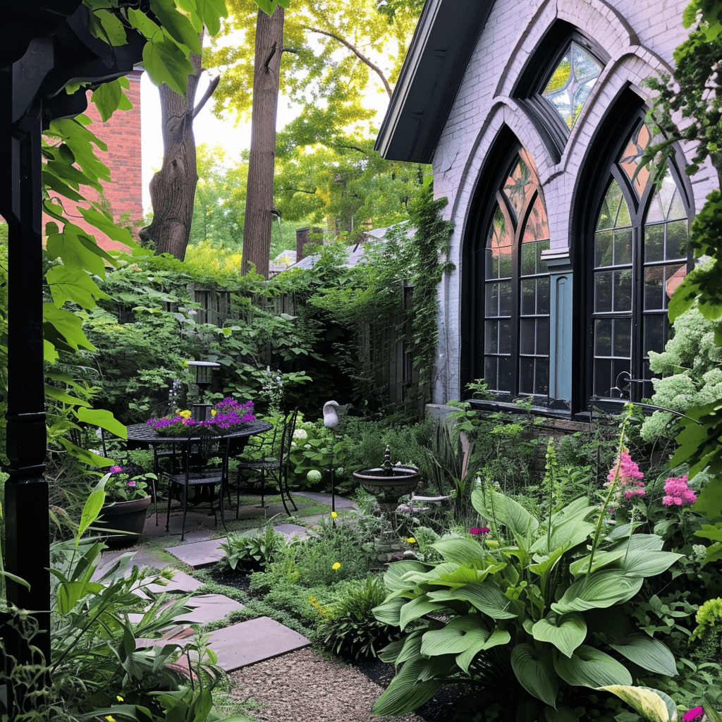 A charming garden with lush greenery, vibrant flowers, a wrought-iron table set, and gothic-style windows on a brick facade, offering a tranquil outdoor retreat.