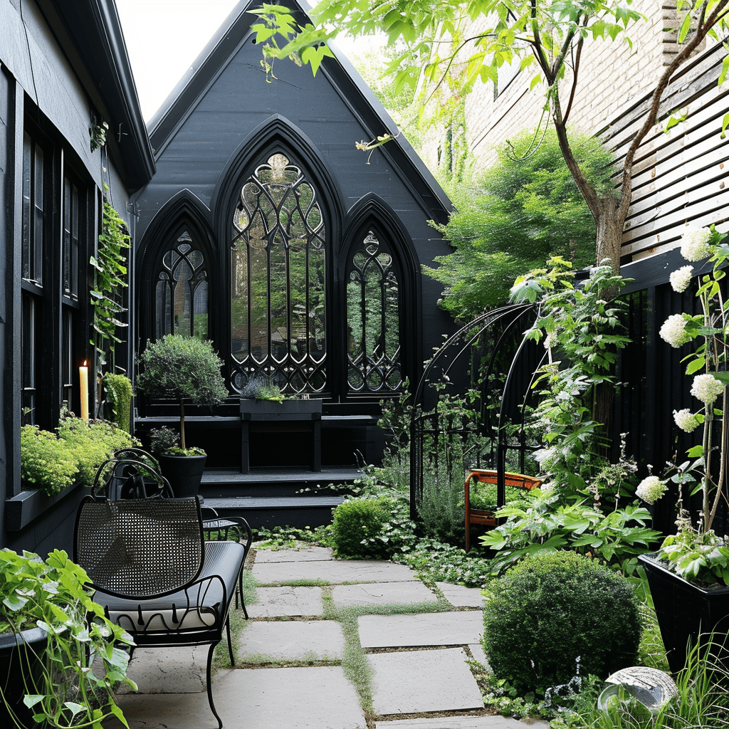 An enchanting garden pathway leads to a black gothic arch doorway, surrounded by lush plants and an ornate metal bench, evoking a serene, storybook entrance.
