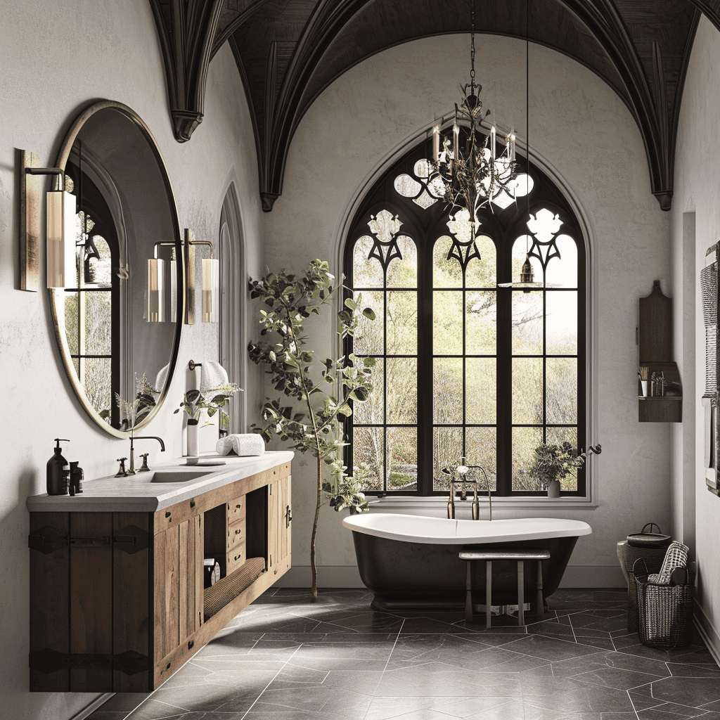 An elegant western gothic themed bathroom with a vaulted ceiling, arched stained-glass windows, a central freestanding tub, and a rustic vanity set against a backdrop of natural light and greenery.