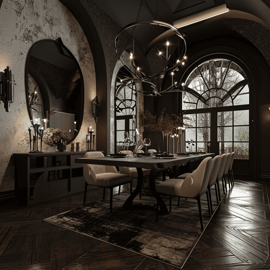 A dining room blending modern and gothic elements, with an arched window, a grand circular light fixture, and a large mirror on a textured wall.