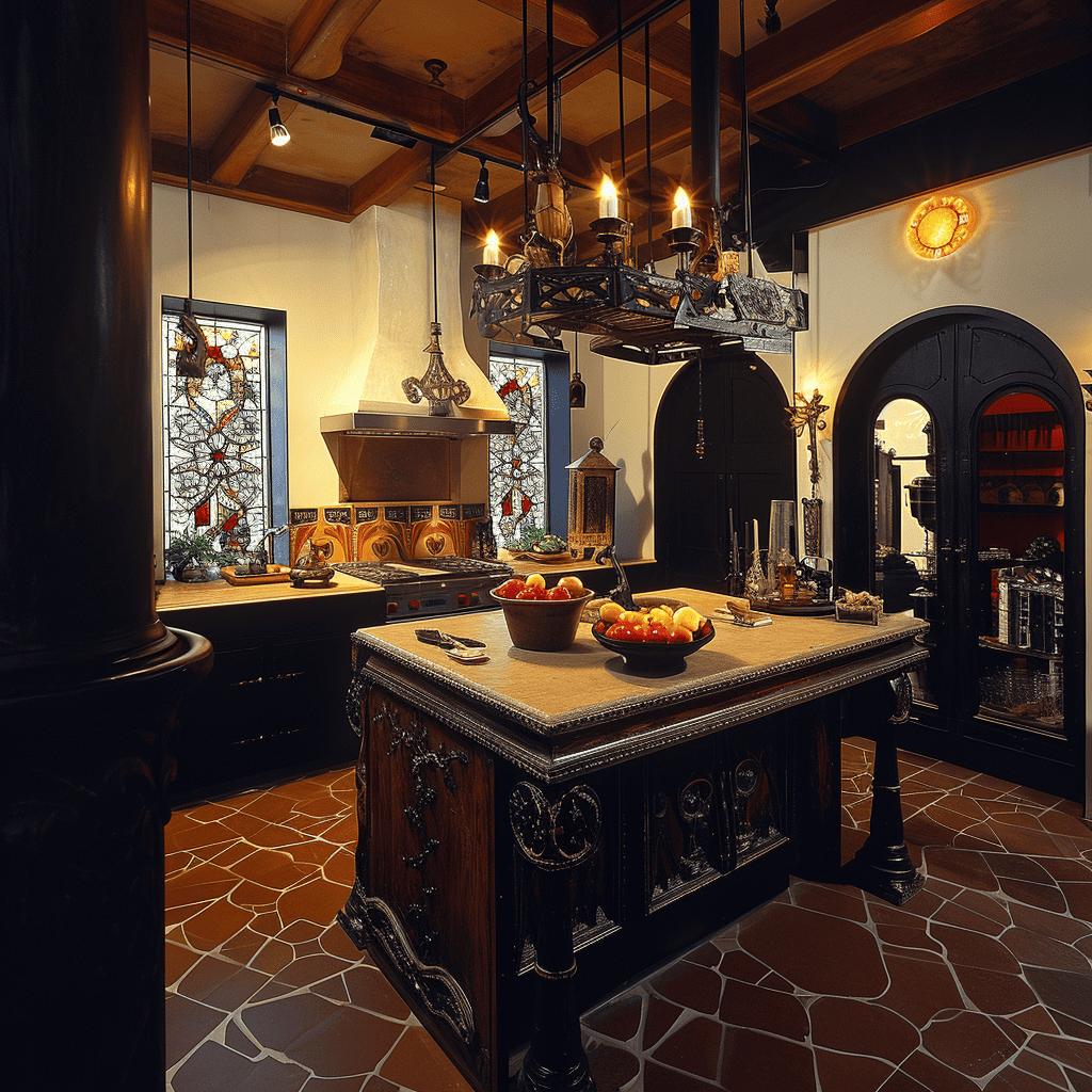 A western-gothic themed traditional kitchen with stained glass windows, a vintage chandelier, ornate black cabinetry, and a terracotta-tiled floor, exuding old-world charm.