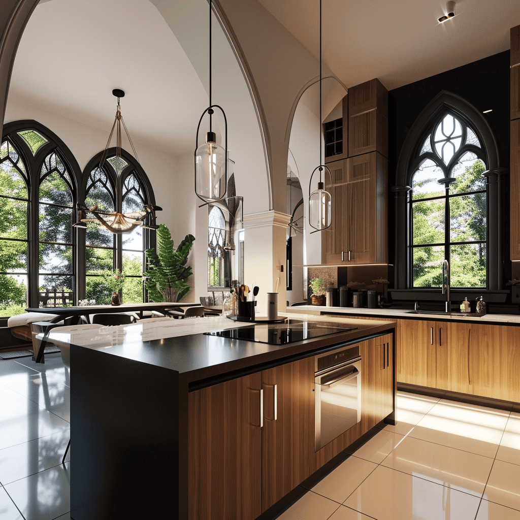 A modern kitchen with vaulted ceilings, arched Gothic windows, sleek pendant lights, and a blend of dark and light wood cabinetry, giving a subtle western-gothic theme.