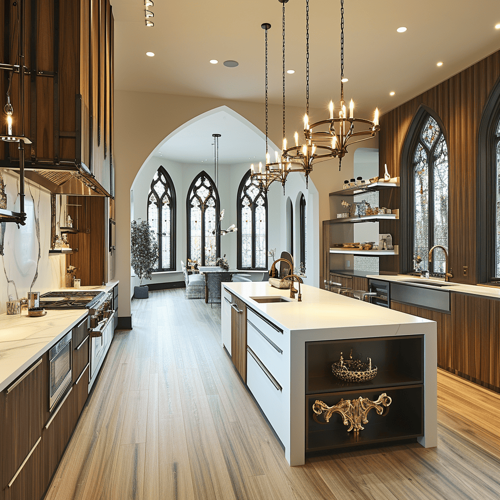 A western-gothic themed kitchen with high ceilings, gothic-style windows, an ornate chandelier, and a mix of modern and traditional design elements.