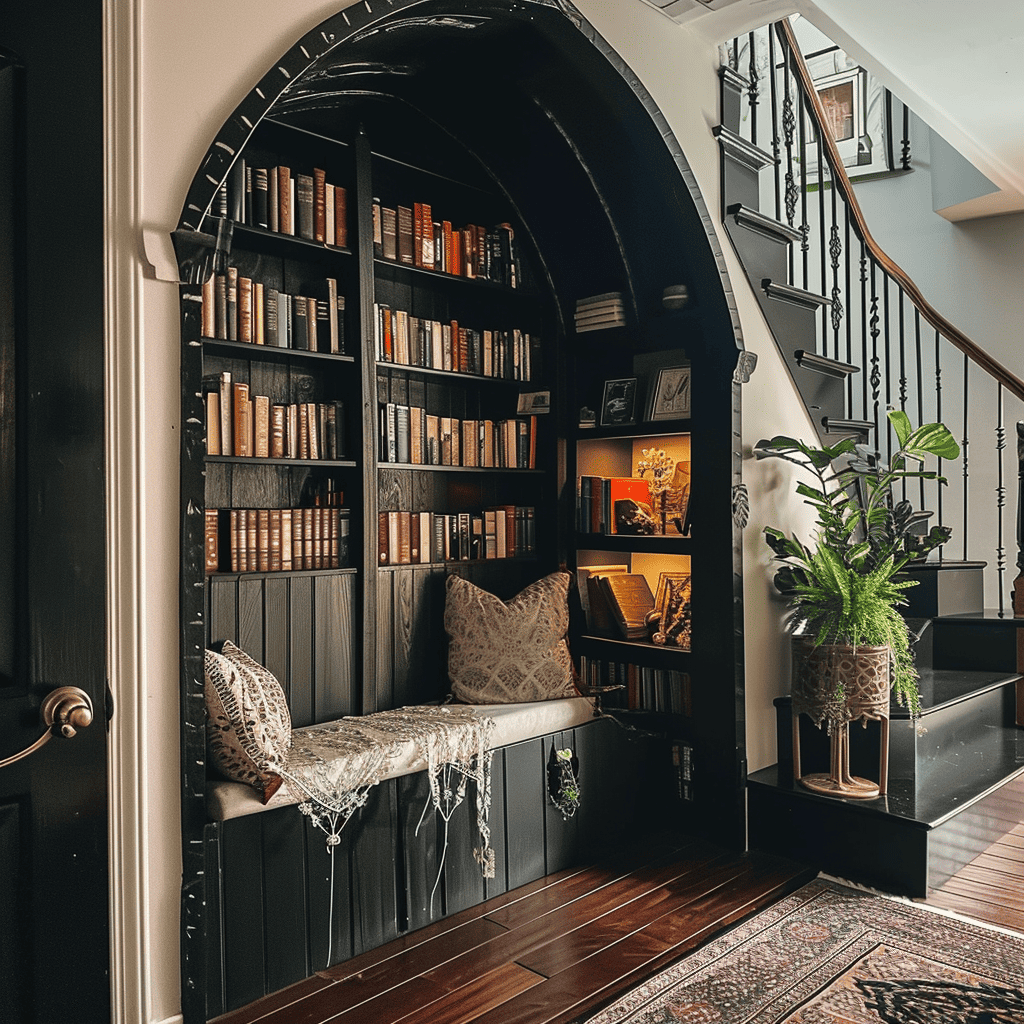 A cozy reading nook with a curved bookshelf built into an arched alcove, a cushioned bench with decorative pillows, a plant stand, and a staircase with wrought iron railings.