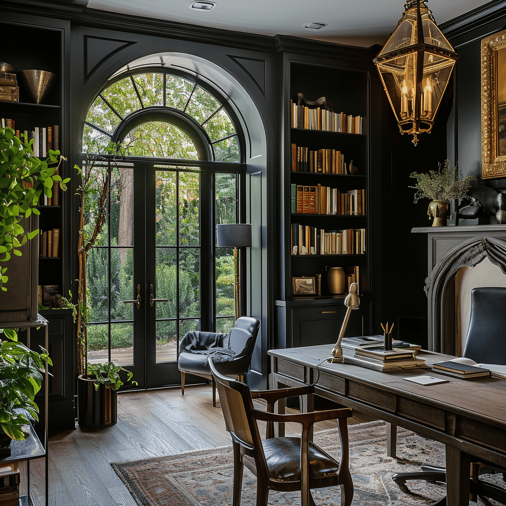 A classic study with dark wood bookshelves, a large desk, an arched window offering garden views, and warm lighting from a hanging lantern and table lamp.