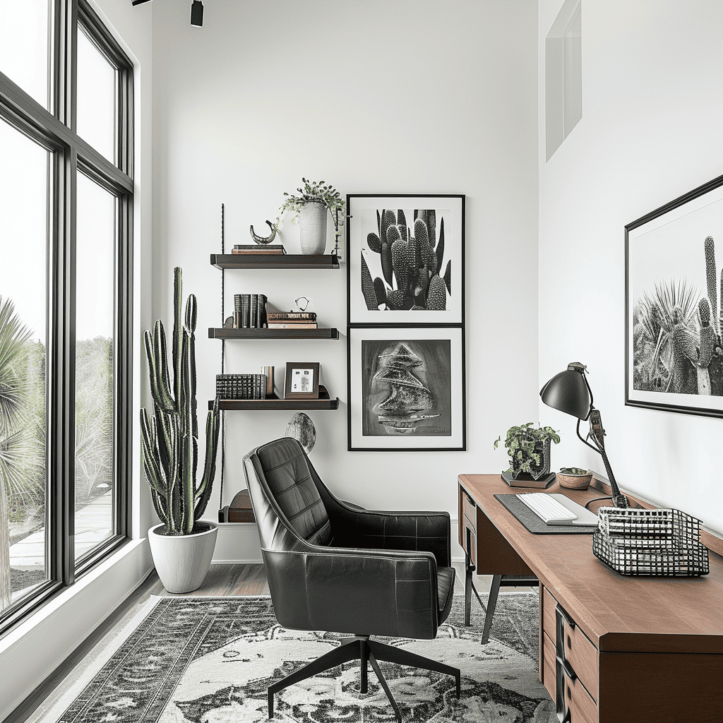 A bright home office with a comfortable black chair, wooden desk, wall-mounted shelves with decor, and cactus-themed art, complemented by large windows and a potted cactus for a modern and subtle gothic western-themed space.