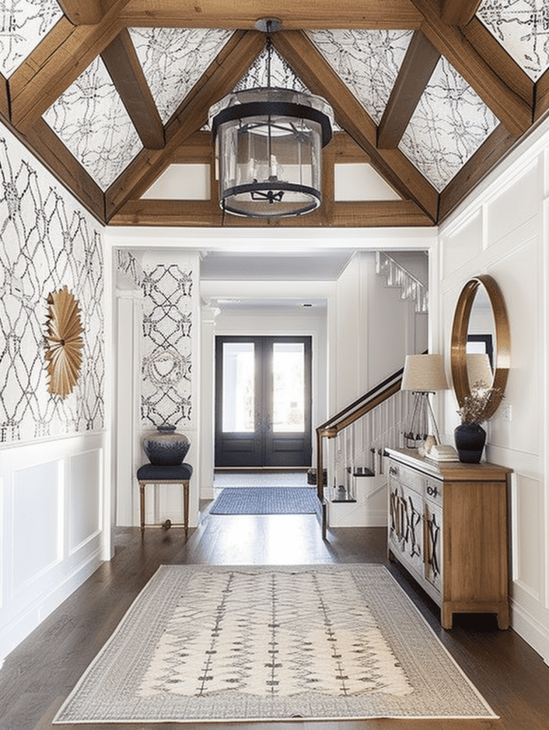 A bright entryway is accented with rich wooden beams arranged geometrically on the ceiling, contrasting with the intricate, abstract-patterned wallpaper on the walls ar 3:4
