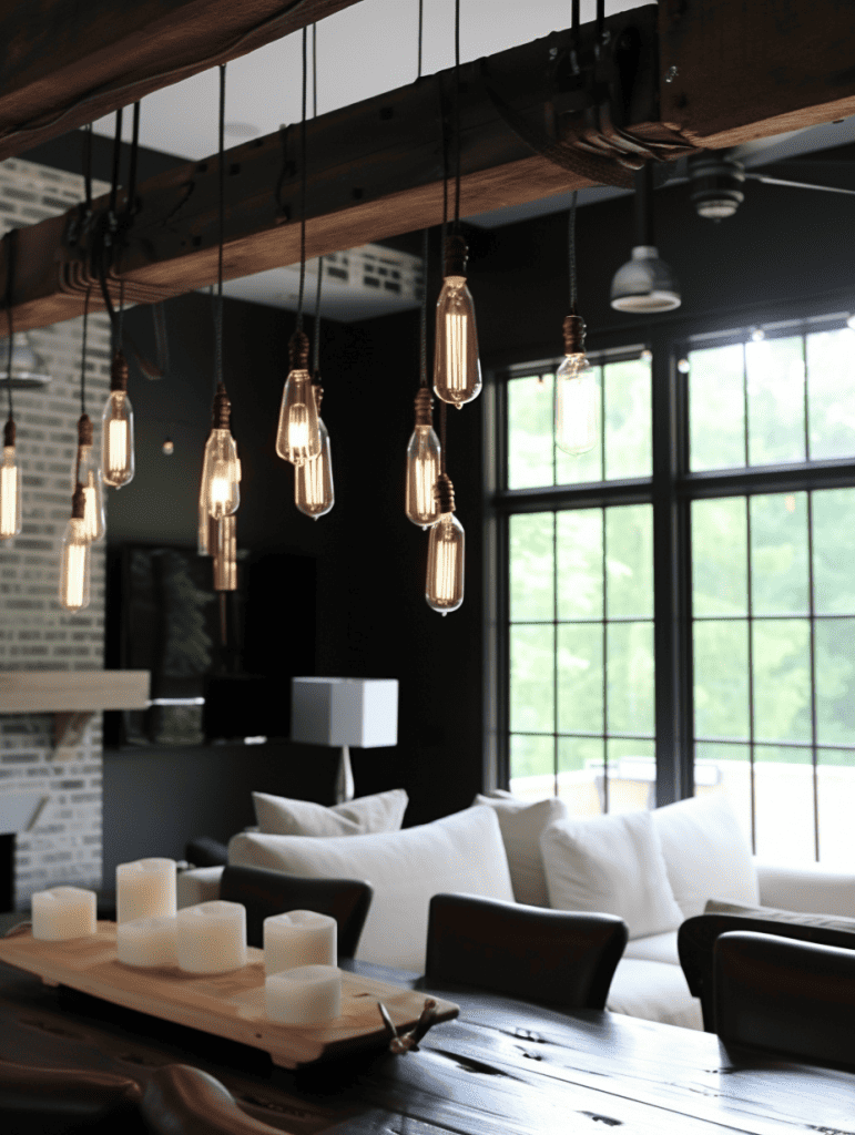 A cozy, dimly lit room with a rustic vibe, featuring a wooden beam from which multiple Edison light bulbs dangle, casting a warm glow over the comfortable seating area ar 3:4