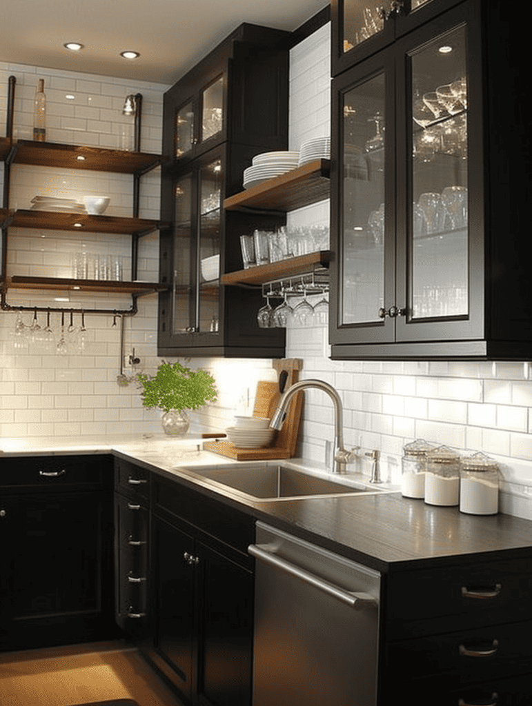 Black cabinets with glass inserts with white subway tile and floating shelves ar 3:4