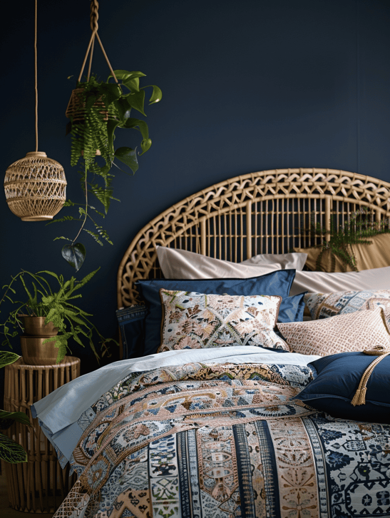 Bohemian bedroom haven. With deep navy blue walls, woven rattan headboard, and eclectic patterned bedding. Accented with brass hanging planters and a tapestry of warm hues ar 3:4