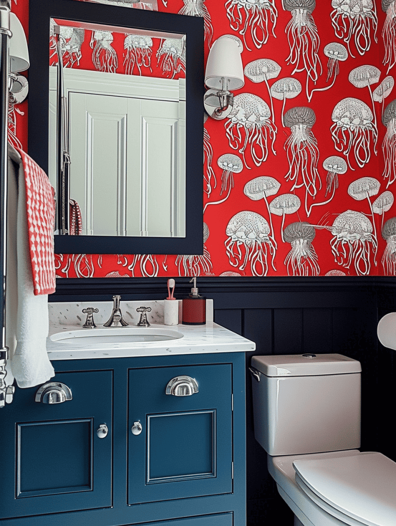 Nautical-themed bathroom featuring a navy blue vanity, white porcelain fixtures, and a bold red wallpaper with a lively jellyfish pattern ar 3:4