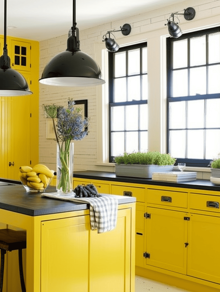 Bright yellow cabinets with black countertops with idustrial pendant lights ar 3:4