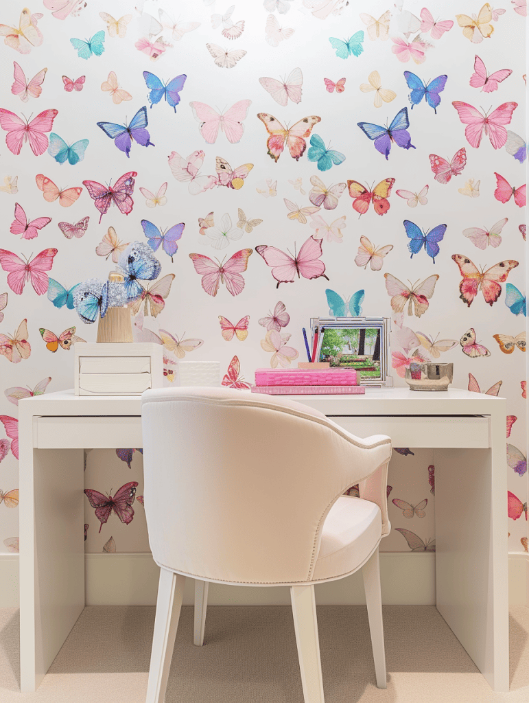 Contemporary study nook with a clean-lined white desk, a soft pastel chair, and a digitally printed butterfly wallpaper resembling a delicate cross stitch pattern in a spectrum of colors ar 3:4