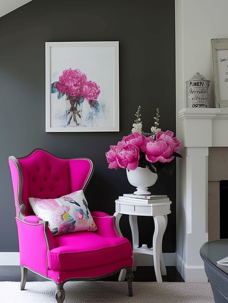 Charcoal grey wall, vibrant magenta chair, white side table, and fresh pink peonies ar 3:4