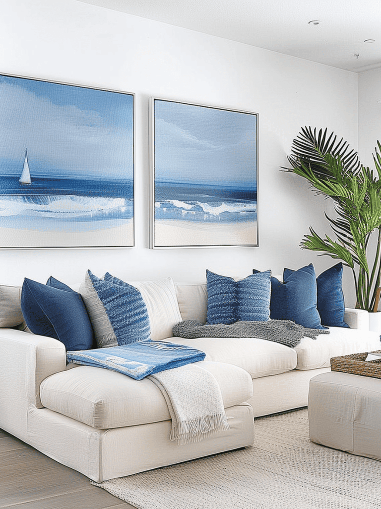 Coastal serenity living room. With crisp white walls, an off-white plush sectional sofa, and a duo of serene blue oceanic paintings. Accents of navy and sky blue pillows, a cozy knit throw, and a potted palm enhance the tranquil beach-inspired theme ar 3:4