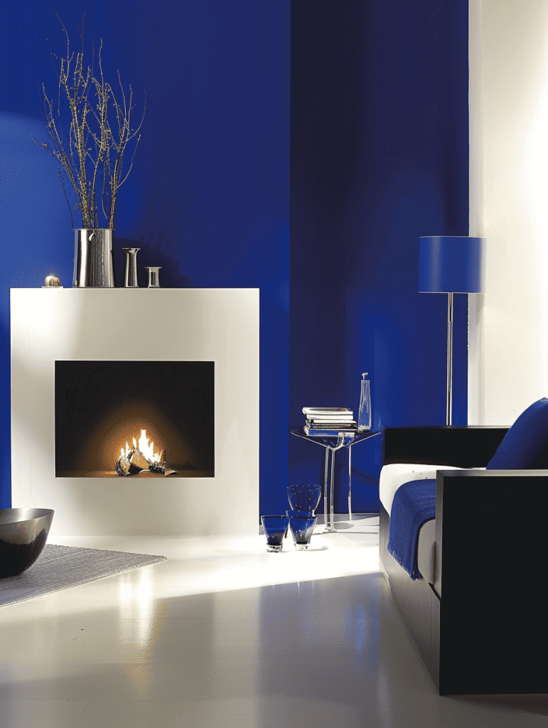 Contemporary living room allure. With a statement sapphire blue accent wall drawing the eye to a sleek, white mantled fireplace. The warmth of the fire contrasts with the cool blue tones, complemented by minimalistic decor and clean lines ar 3:4