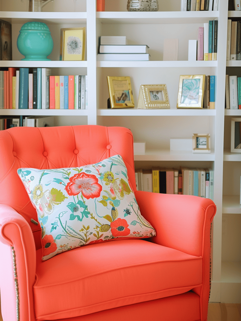 Coral red-orange accent chair with a colorful floral pillow, white bookshelf backdrop ar 3:4