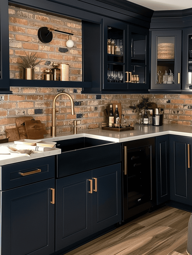 Dark blue cabinets with gold hardware with exposed brick backsplash ar 3:4