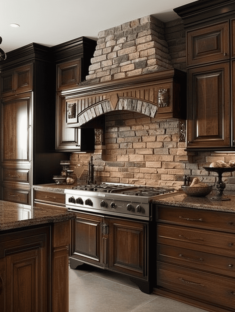 Dark oak cabinets with granite countertops with stone brick backsplash ar 3:4