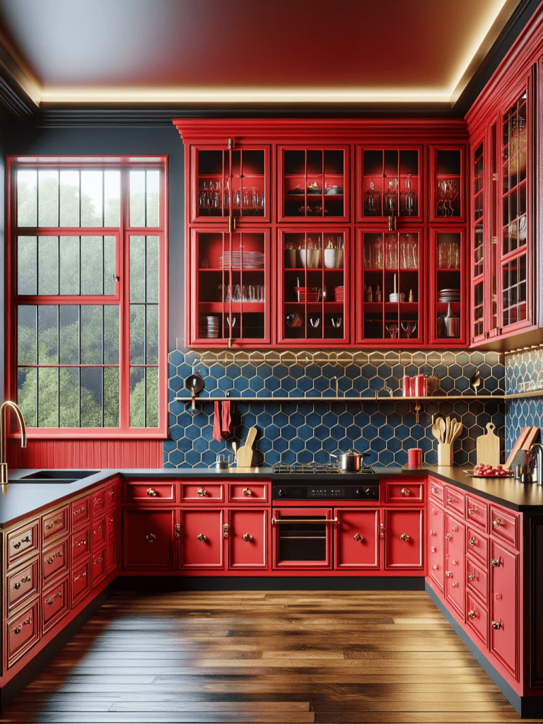 Deep red cabinets with brass hardware and hexagonal blue tile backsplash ar 3:4