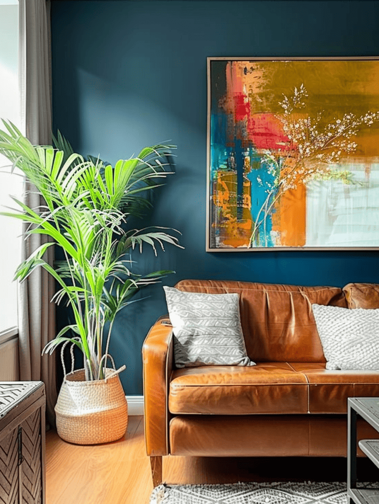 Eclectic living room charm. With a bold teal blue accent wall, a caramel leather sofa, and a vibrant abstract painting with bursts of yellow and red. A lush areca palm in a woven basket planter adds a touch of greenery, beside a herringbone-patterned wooden chest ar 3:4