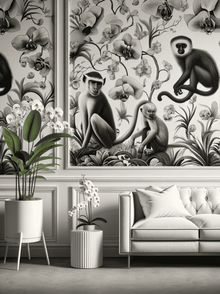 Floral and apes wallpaper, white modern sofa, and a tall plant on a white stand. --ar 34