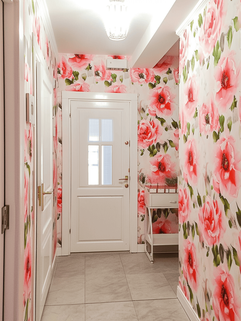 Bright entryway foyer with clean white doors, light grey tiled flooring, and walls enveloped in vibrant floral wallpaper featuring oversized pink and white blossoms ar 3:4
