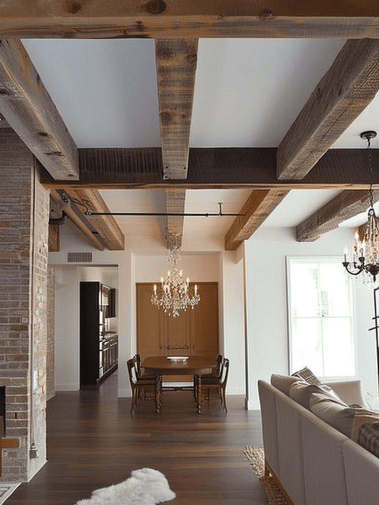 An elegantly furnished room with an old-school charm, featuring exposed wooden beams on the ceiling and a traditional brick wall on one side ar 3:4