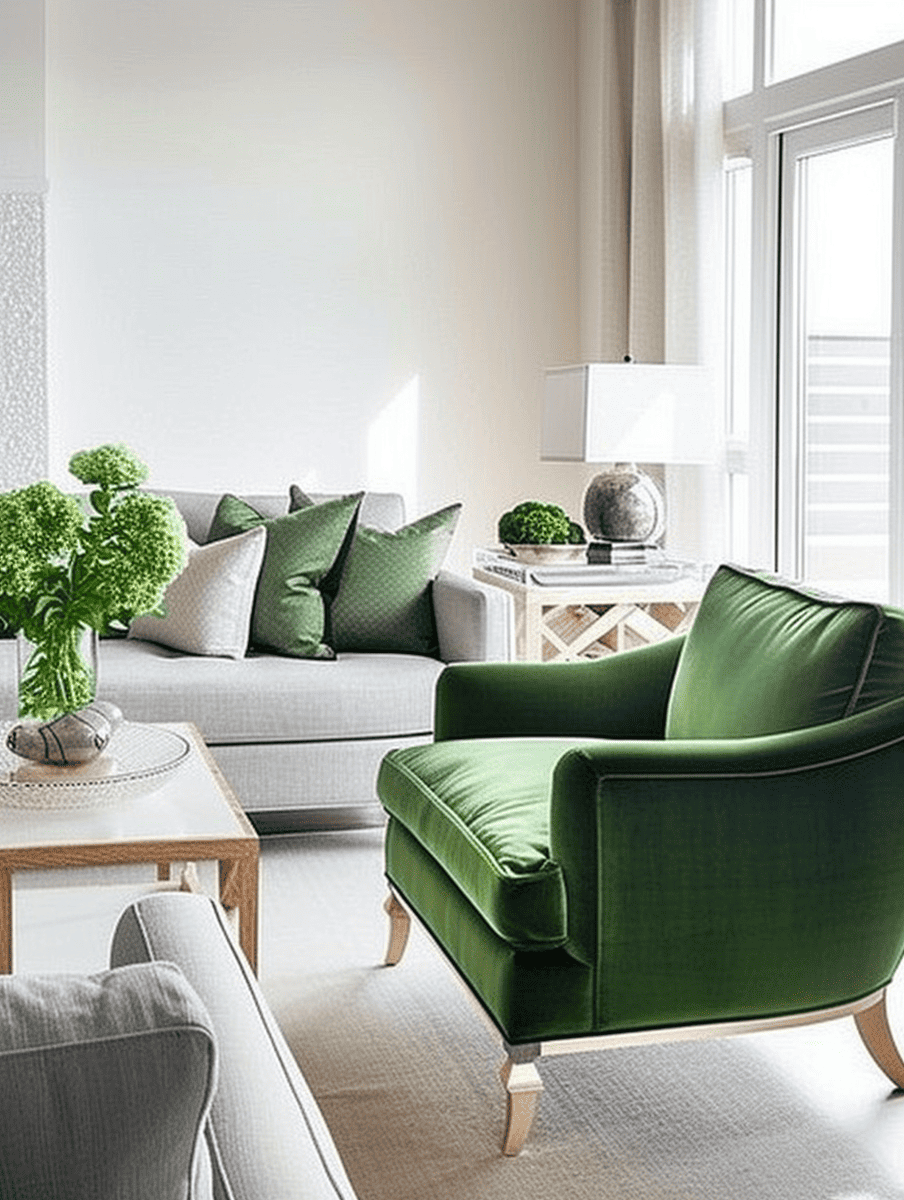 Pale walls, plush green accent chairs, and a light grey textured sofa ar 3:4