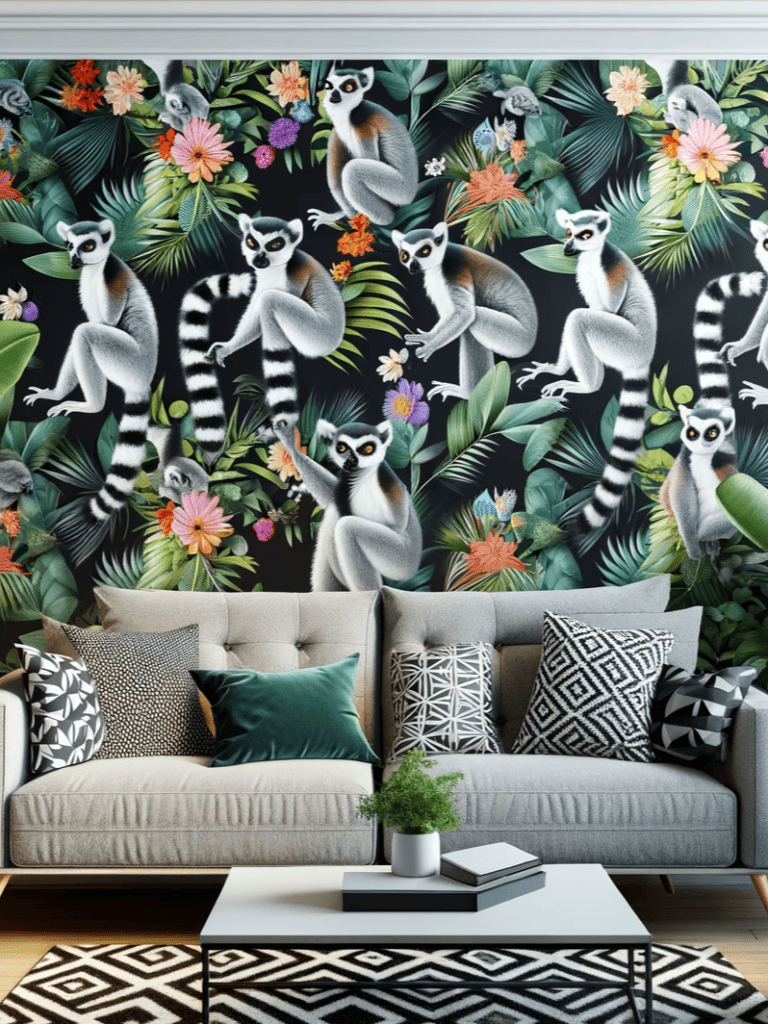 A stylish living room interior with walls covered in a unique lemur-patterned wallpaper ar 3:4