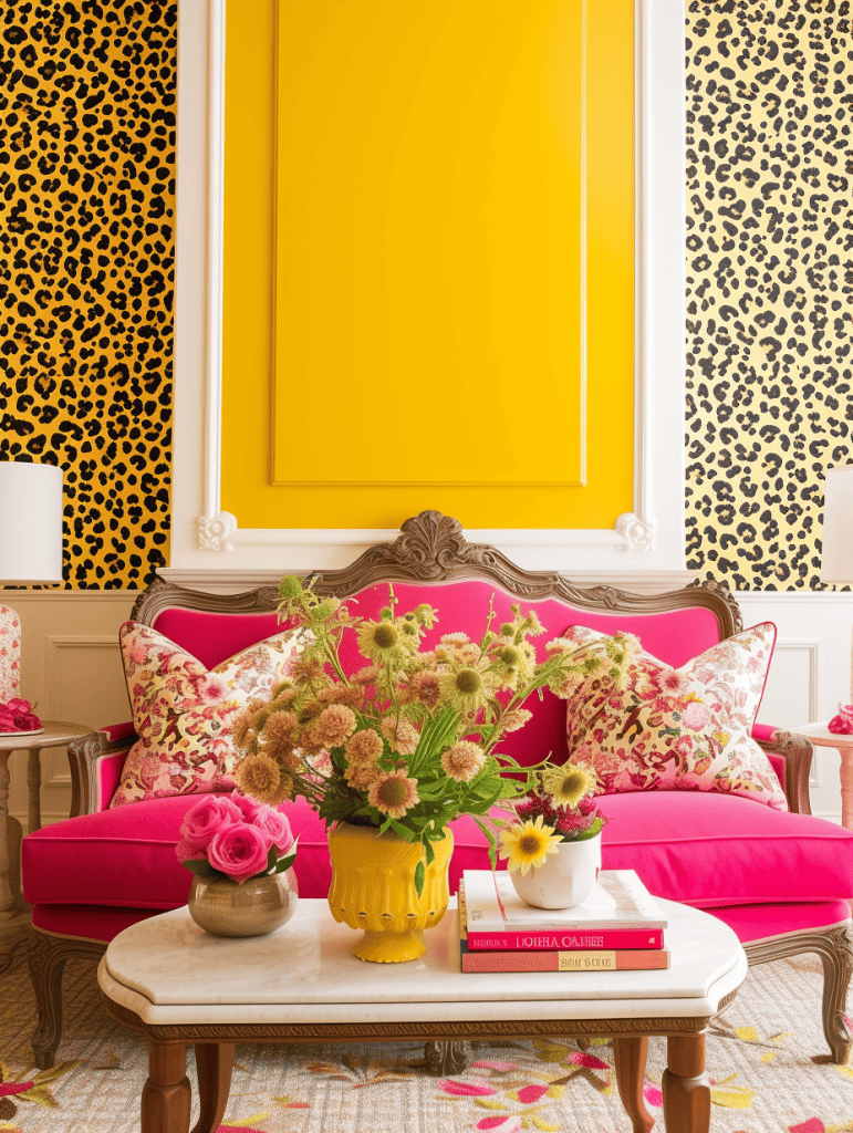 Leopard patterned wallpaper in a room brightened with daffodil-yellow decor, and inviting rose-themed seats, designed to stimulate engaging discussions ar 3:4