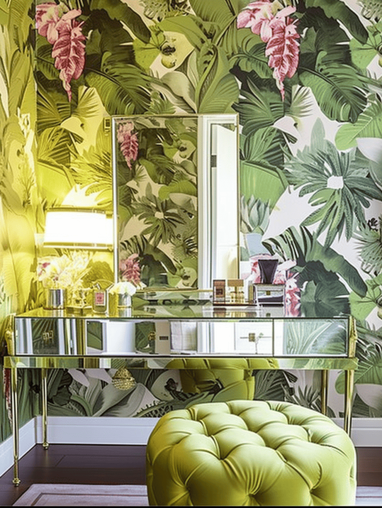 Glamorous dressing room with a mirrored vanity desk, a tufted chartreuse ottoman, and a lively plant-themed wallpaper with lush tropical foliage ar 3:4