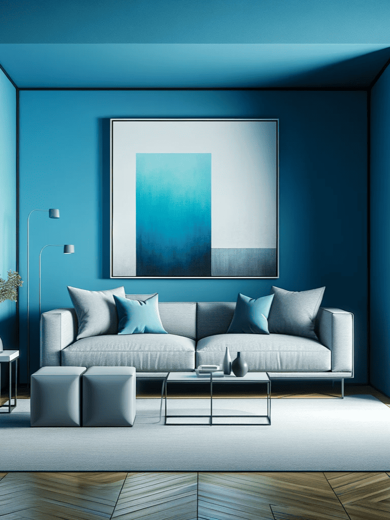 Living room blue walls and a grey sofa ar 3:4