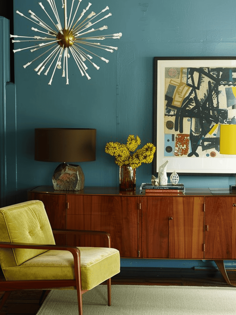 Mid-century modern lounge. With sleek blue walls, furniture featuring exposed tapered wooden legs, and sharp, clean lines. A walnut credenza and iconic Sputnik chandelier complement the retro aesthetic ar 3:4