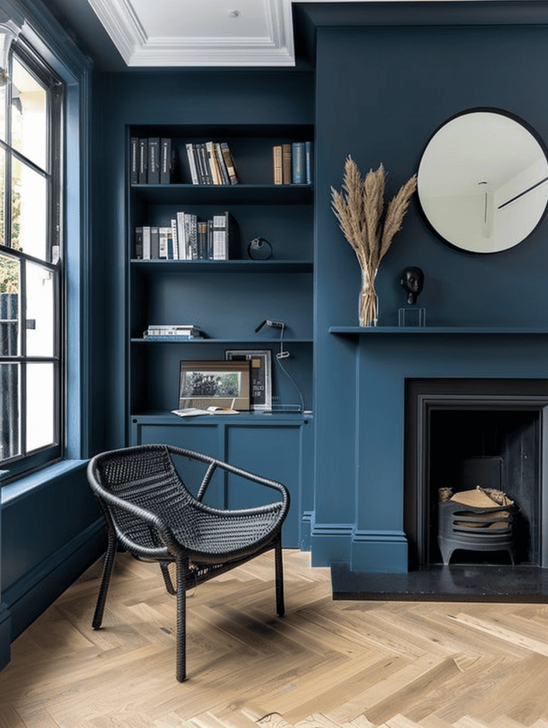 Modern minimalist study. With matte midnight blue walls, black rattan lounge chair, and herringbone wood flooring. Built-in bookshelf and circular mirror above fireplace ar 3:4