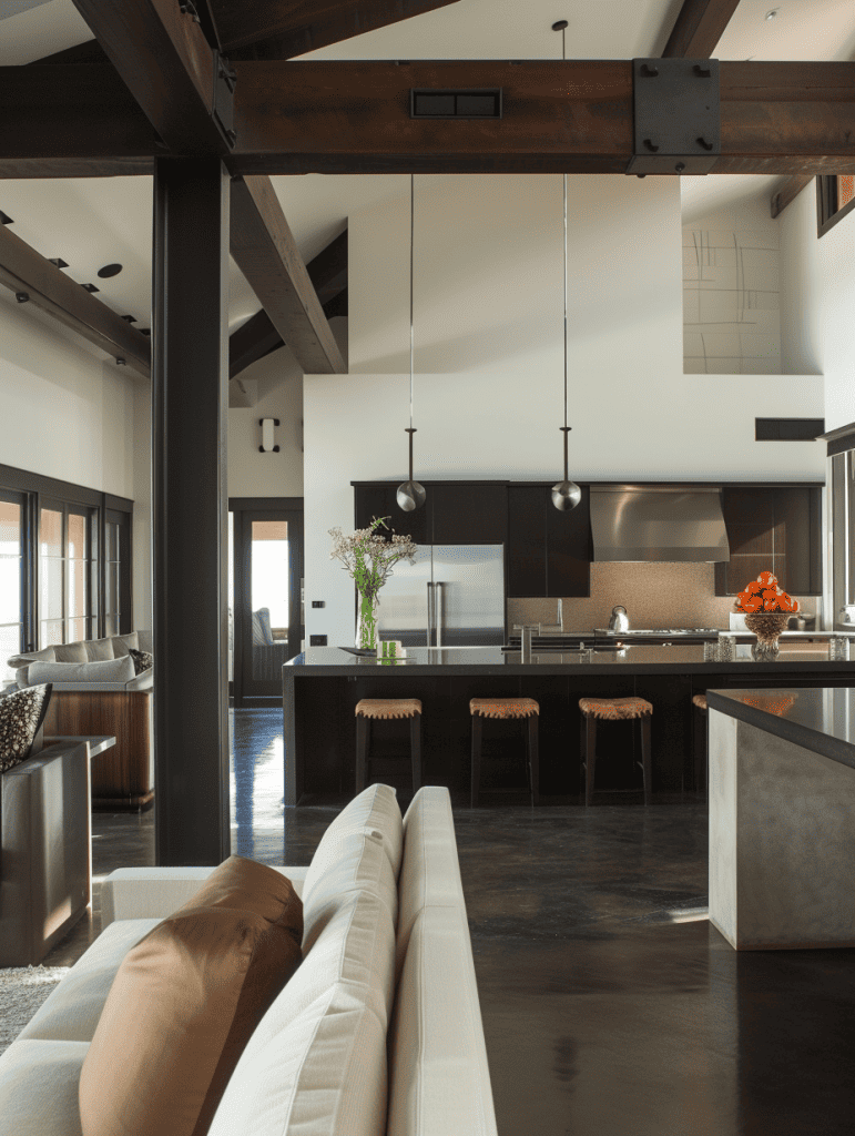 A modern, open-plan living space is framed by dark wooden beams above, complementing the sleek kitchen area and cozy seating arrangements ar 3:4