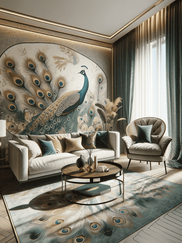 A living room interior featuring walls adorned with peacock-patterned wallpaper ar 3:4