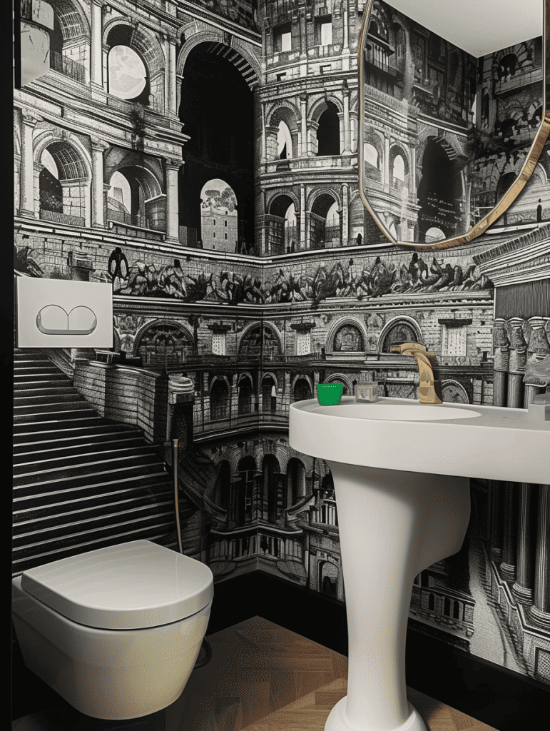 Modern bathroom with Rome-inspired wallpaper featuring the Colosseum and Roman Forum ar 3:4