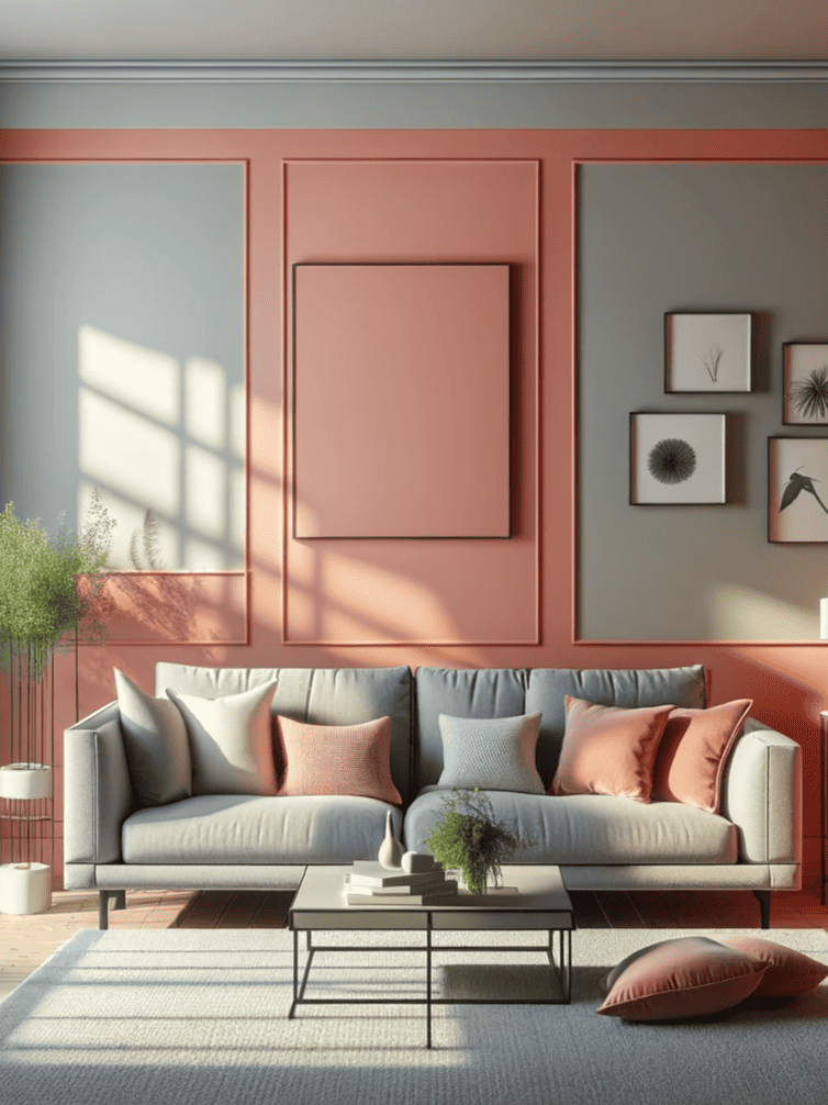 Living room with soft coral walls and a grey sofa ar 3:4