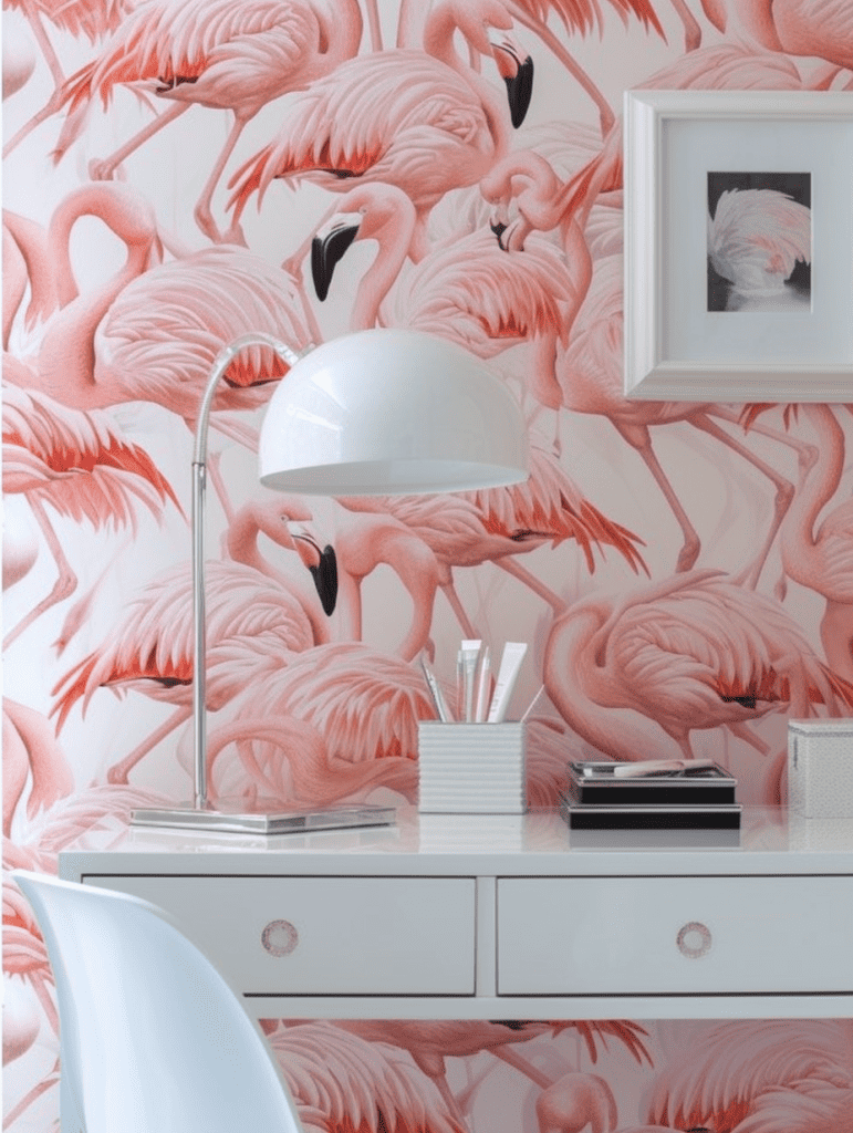 Feminine vanity area with a white minimalist desk, a modern articulated lamp, and a wall covered in soft pink flamingo wallpaper ar 3:4