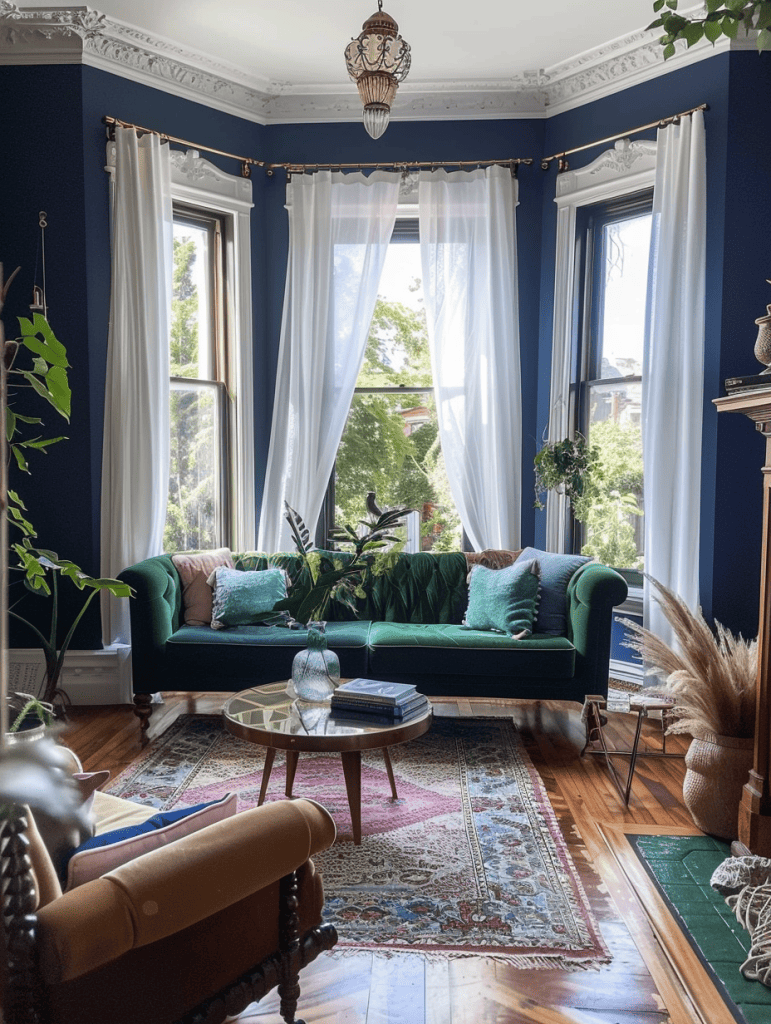 Victorian style living room. With deep blue walls, plush green velvet sofa, and brass accents. Bay window with white sheer curtains ar 3:4