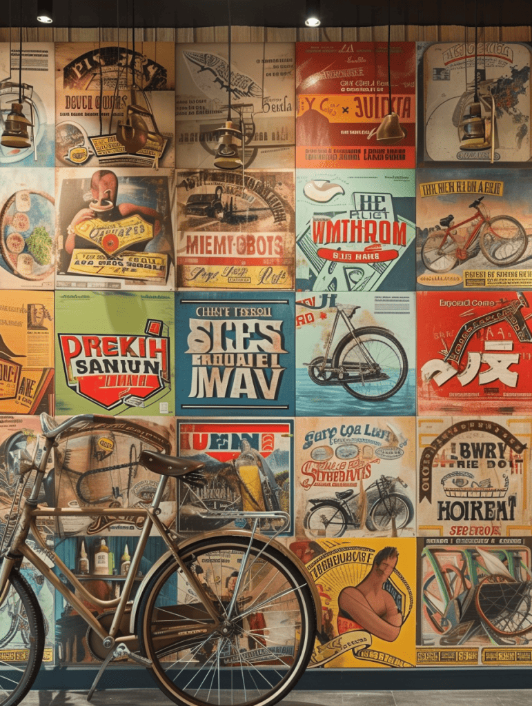 Vintage-style cafe with walls adorned in collage photo wallpaper of classic rhum advertisements and a retro bicycle by the entrance ar 3:4