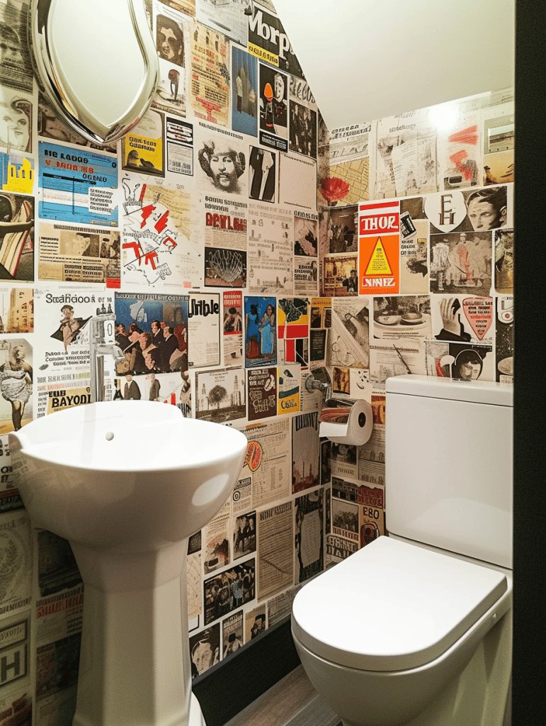 Artistic guest bathroom with a sleek white pedestal sink, a modern toilet, and walls covered in a collage of different pictures ranging from vintage ads to modern art ar 3:4
