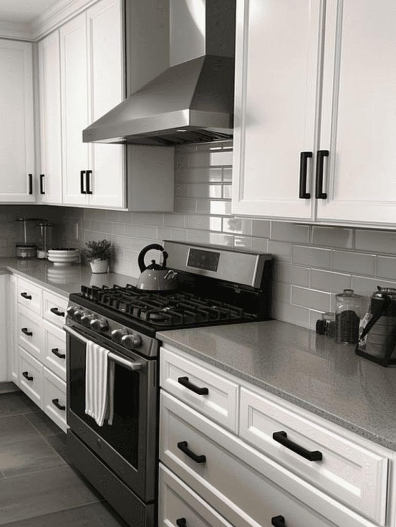 White cabinets with sleek black handles with grey subway tile backsplash ar 3:4
